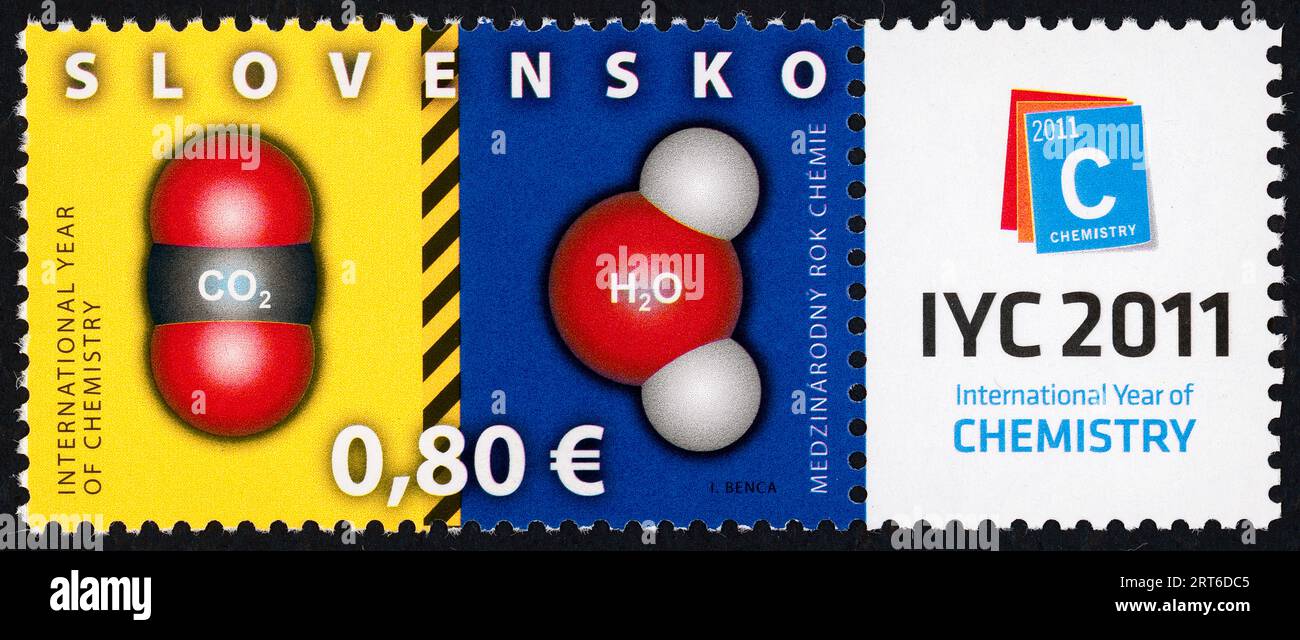 Internationales Jahr der Chemie 2011. Briefmarke, die 2011 in der Slowakei ausgestellt wurde. Stockfoto