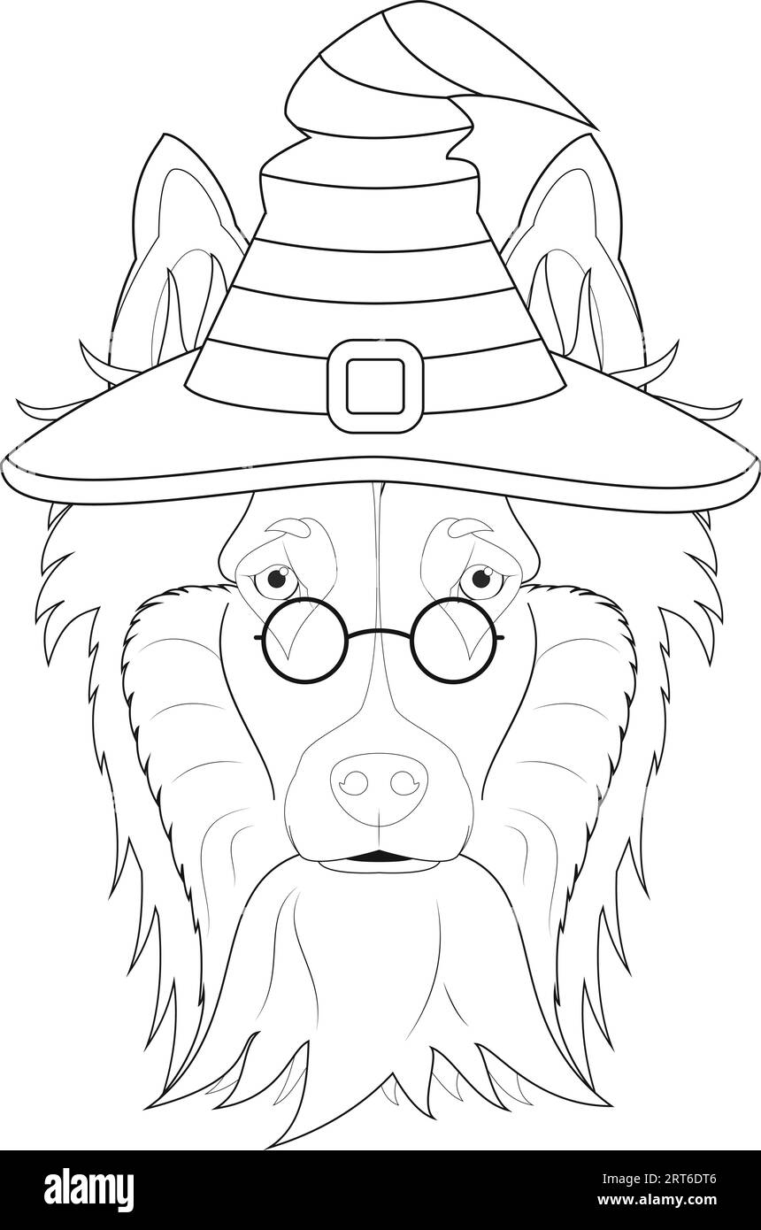 Halloween-Grußkarte zum Ausmalen. Collie Rough verkleidet als Hexe mit Brille und schwarzem und orangefarbenem Hut Stock Vektor