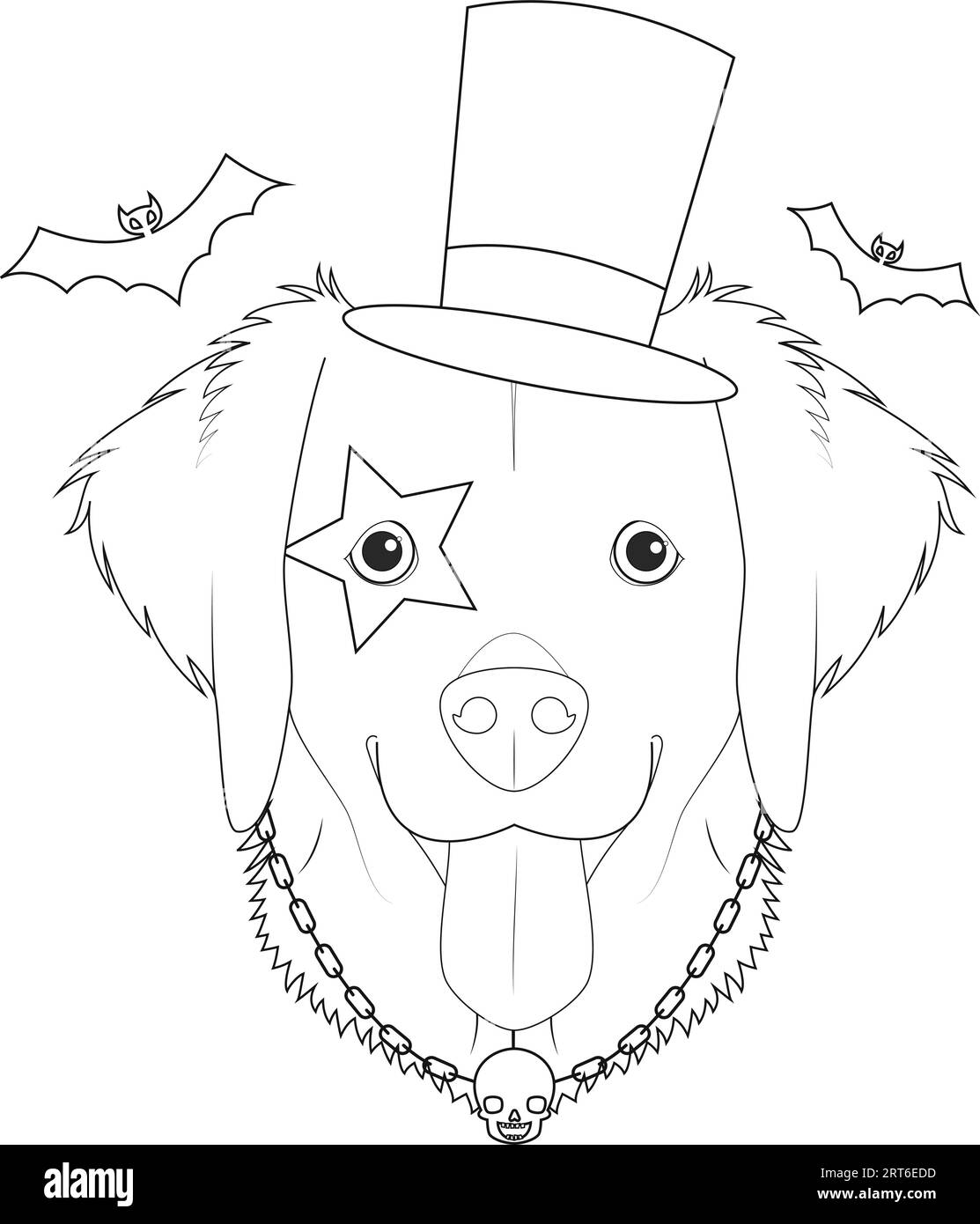 Halloween-Grußkarte zum Ausmalen. Goldener Retriever-Hund mit Hut, Kettenkette und einem Schädel und einem Augentattoo Stock Vektor