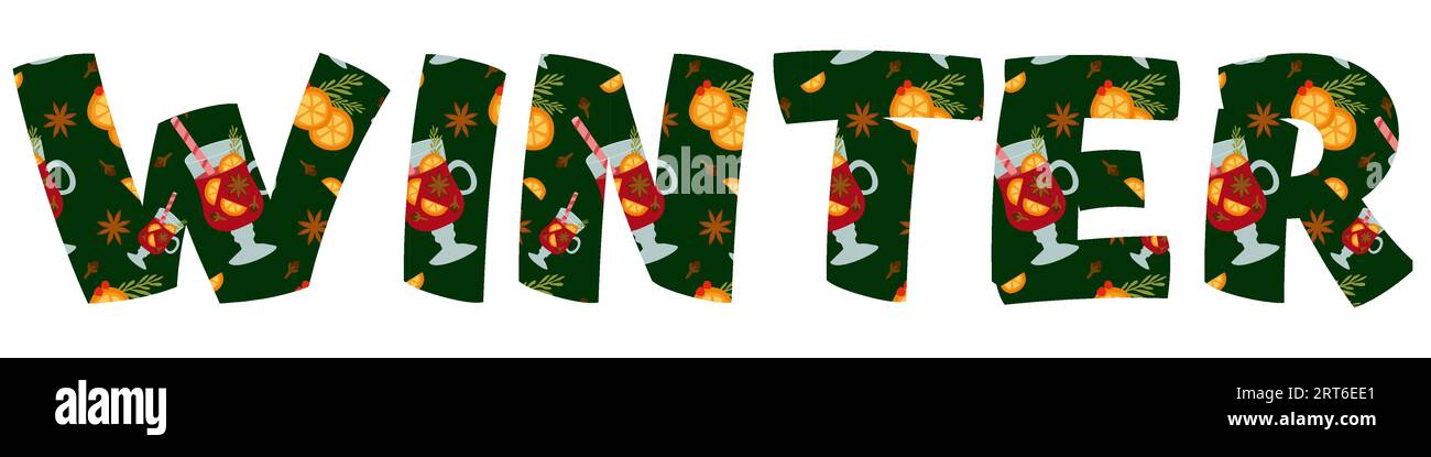 Winterbeschriftung. Schriftart mit weihnachtlichem Glühwein. Typografie-Logo im Vintage-Stil isoliert auf weißem Hintergrund für Poster, Karte, Titel, für PR Stock Vektor