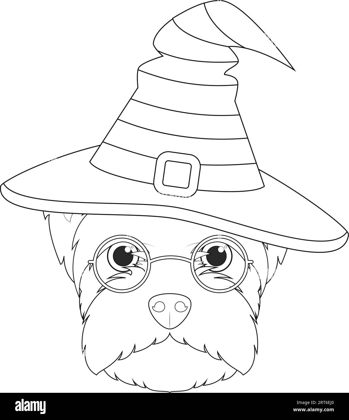 Halloween-Grußkarte zum Ausmalen. West Highland White Terrier Hund, gekleidet als Hexe mit Brille und schwarz-orange Hut Stock Vektor