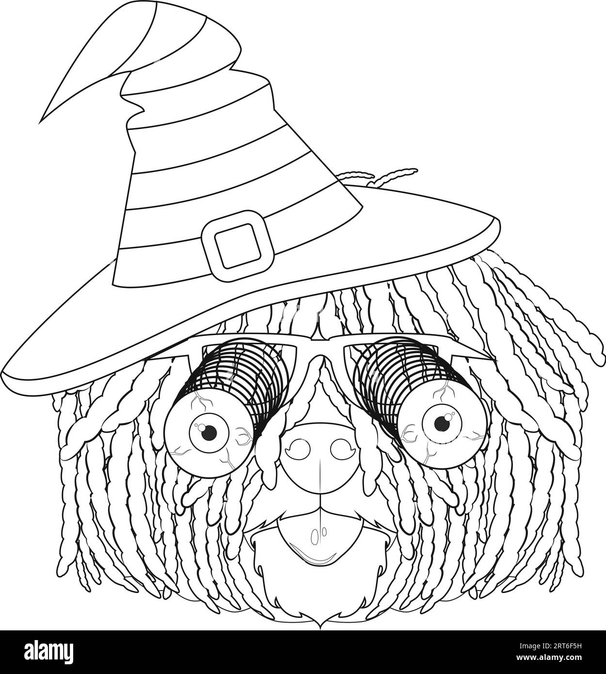 Halloween-Grußkarte zum Ausmalen. Puli-Hund als Hexe gekleidet mit schwarzem und grünem Hut und Brille mit furchterregenden, fiesen Augen Stock Vektor