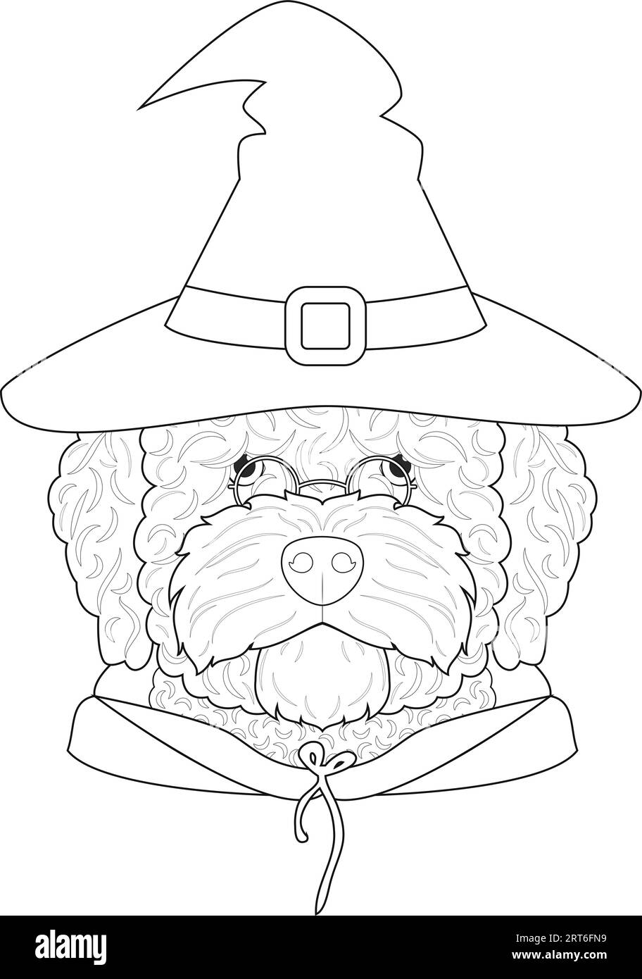 Halloween-Grußkarte zum Ausmalen. Spanischer Wasserhund als Hexe oder Zauberer mit Brille, schwarzem Hut und schwarzem Gewand Stock Vektor