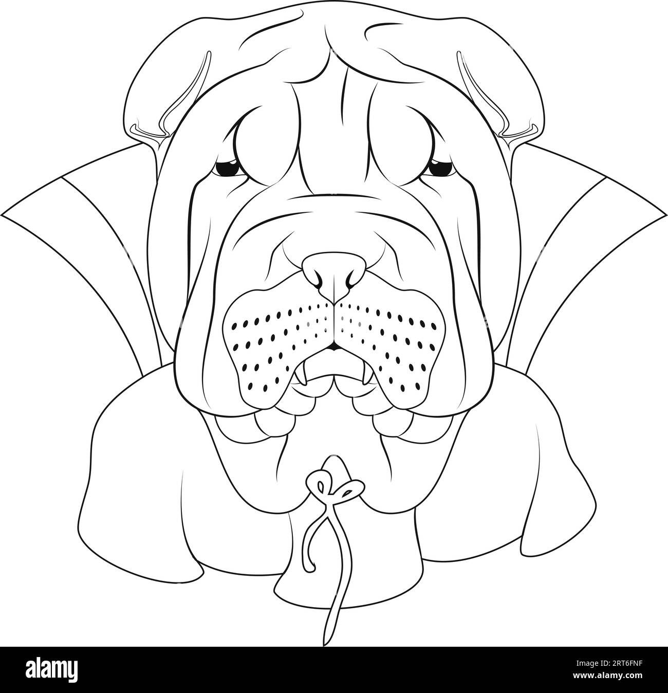 Halloween-Grußkarte zum Ausmalen. Shar Pei Hund gekleidet als Vampir mit Zähnen und cape Stock Vektor