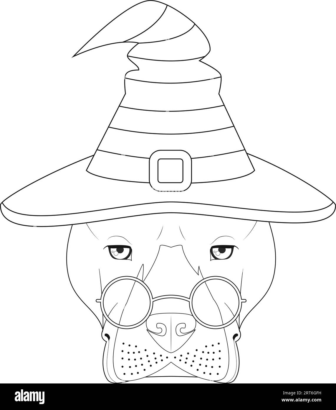 Halloween-Grußkarte zum Ausmalen. Amerikanischer Staffordshire Terrier-Hund, gekleidet als Hexe mit Brille und schwarzem und orangefarbenem Hut Stock Vektor