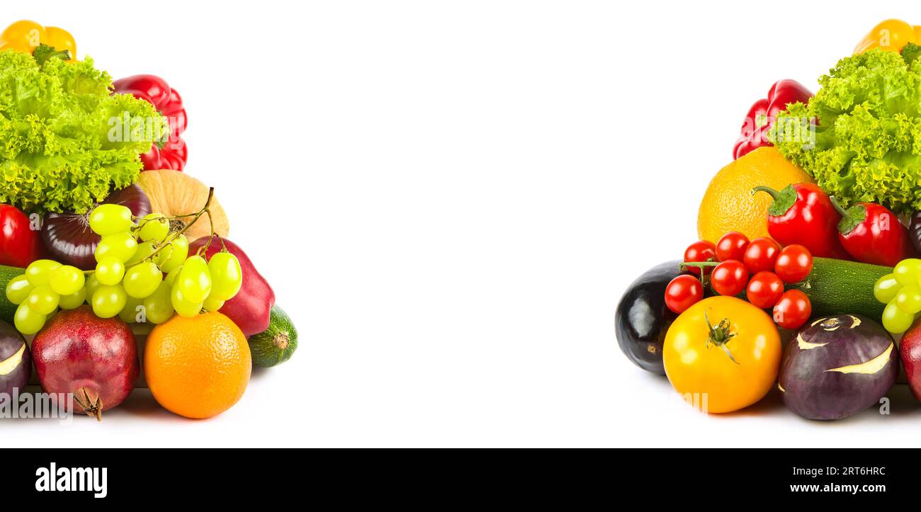 Obst und Gemüse auf weißem Hintergrund. Breites Foto. Freier Speicherplatz für Text. Collage. Stockfoto