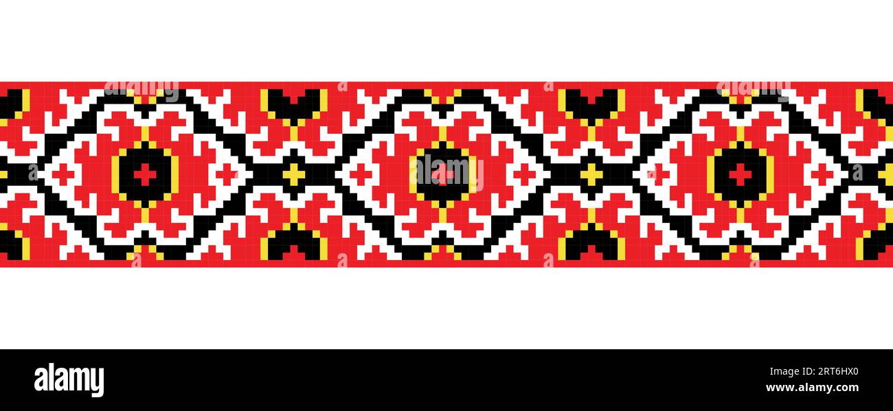 Flame or fire ornament for textile, fabric, cloth. Vector seamless border pattern, print. Ukrainian folk, ethnic ornament in yellow and red colors Stock Vektor