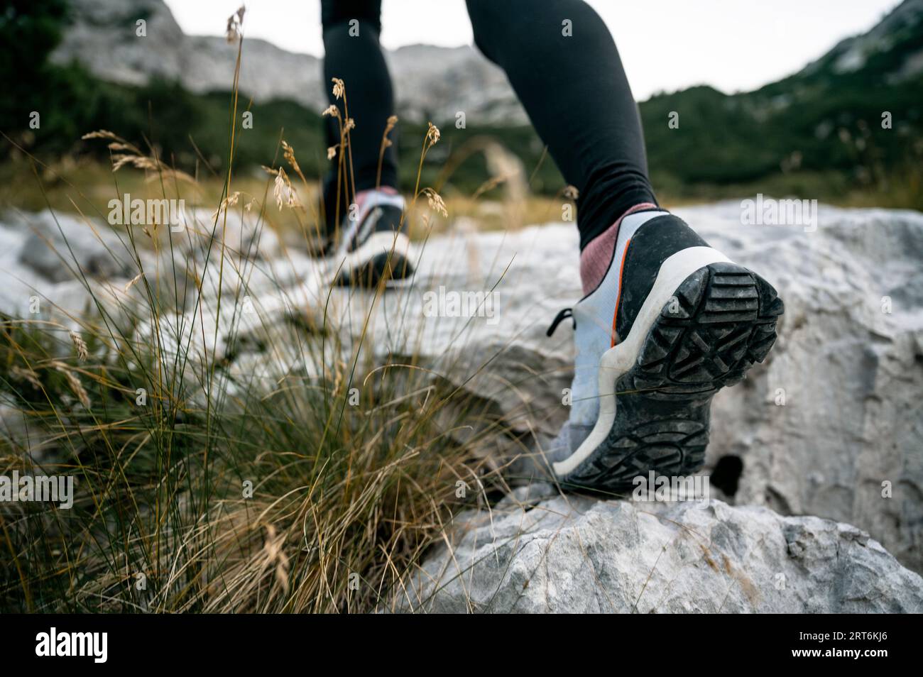 Blick aus einem niedrigen Winkel durch Berggras, das von den Felsen weiblicher Wanderschuhe wächst, die einen felsigen Bergpfad hinaufsteigen. Stockfoto