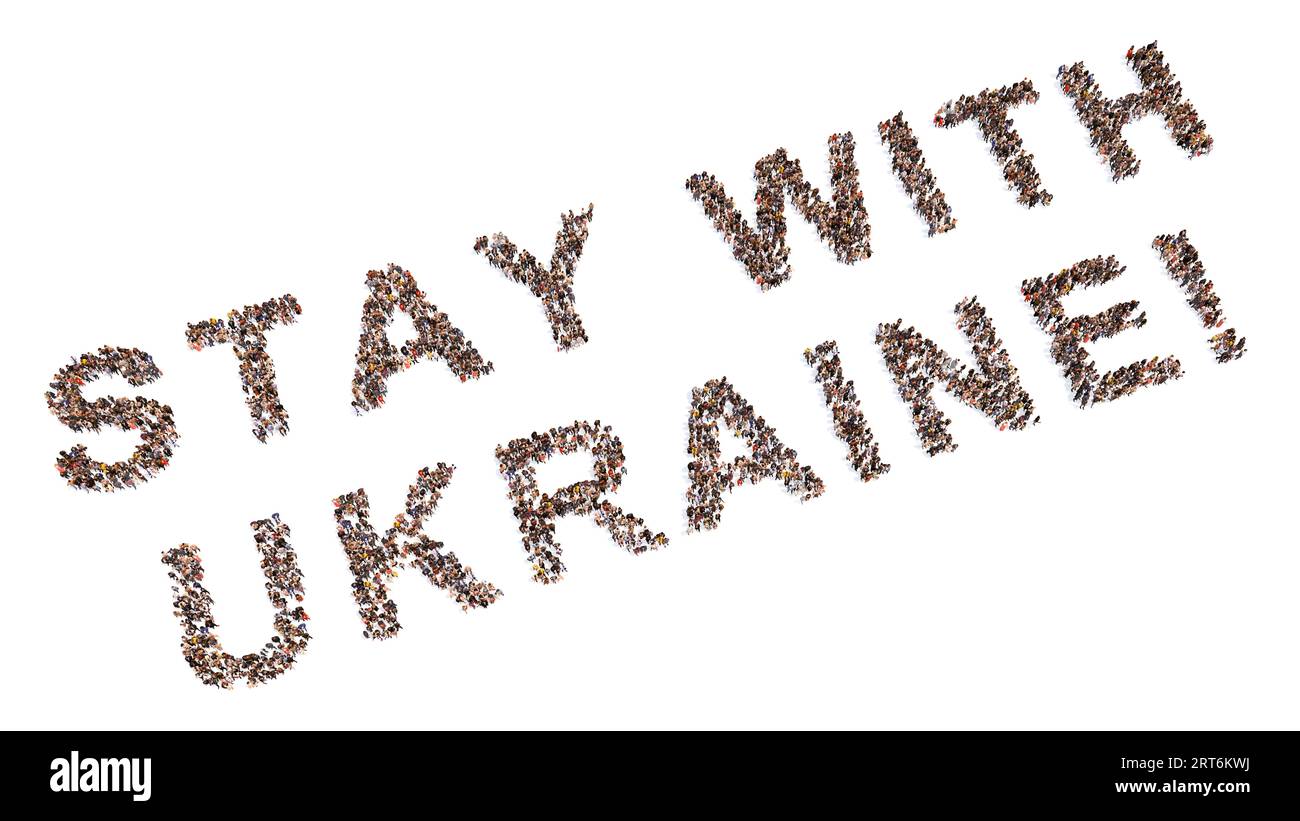 Konzeptionelle Botschaft: Eine große Gemeinschaft von Menschen, die EINEN AUFENTHALT IN DER UKRAINE bilden. 3D Illustration Metapher für Solidarität, Kooperation, Mitgefühl Stockfoto
