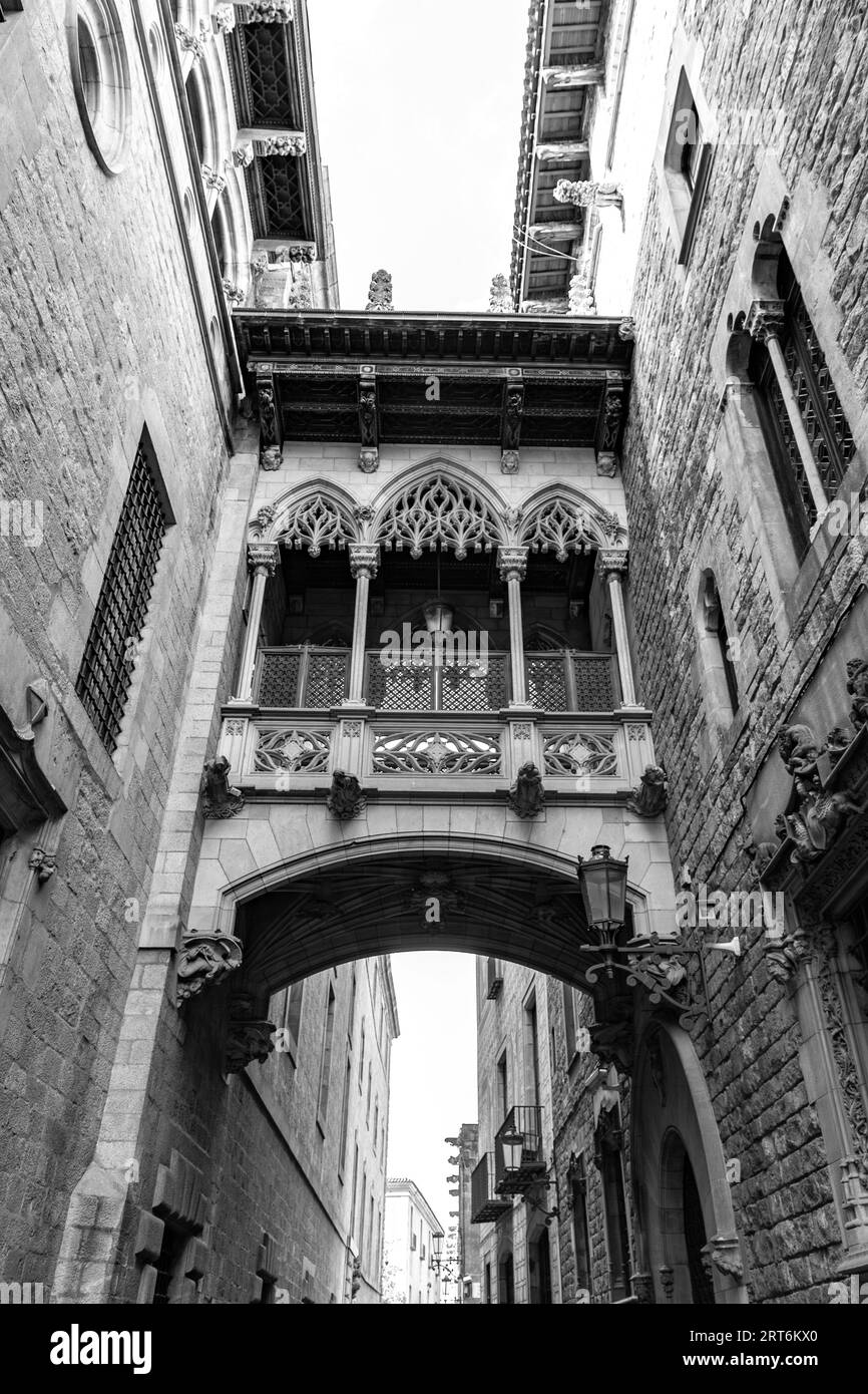 Das gotische Viertel von Barcelona, El Pont del Bisbe, wurde 1929 für die Internationale Ausstellung von Barcelona in Katalonien, Spanien, erbaut. Stockfoto