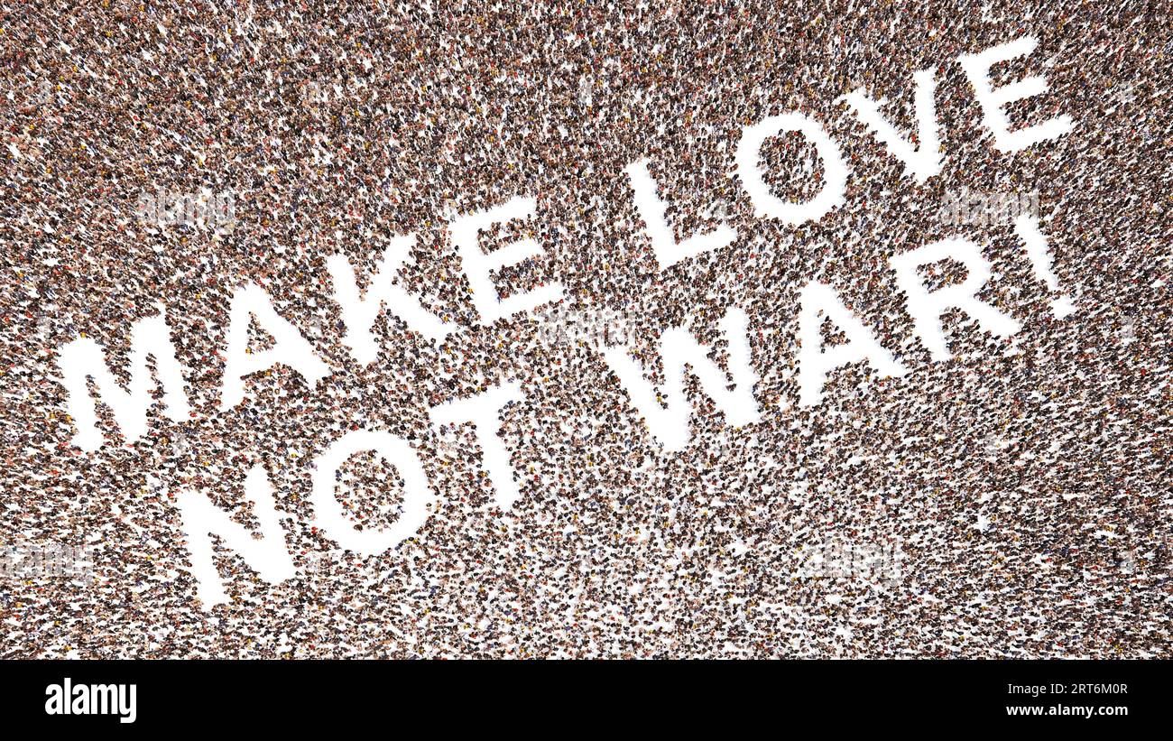 Konzept oder konzeptuelle große Gemeinschaft von Menschen bilden LIEBE NICHT KRIEG Botschaft. 3D Illustration Metapher für Freundschaft, gegenseitiges Verständnis Stockfoto