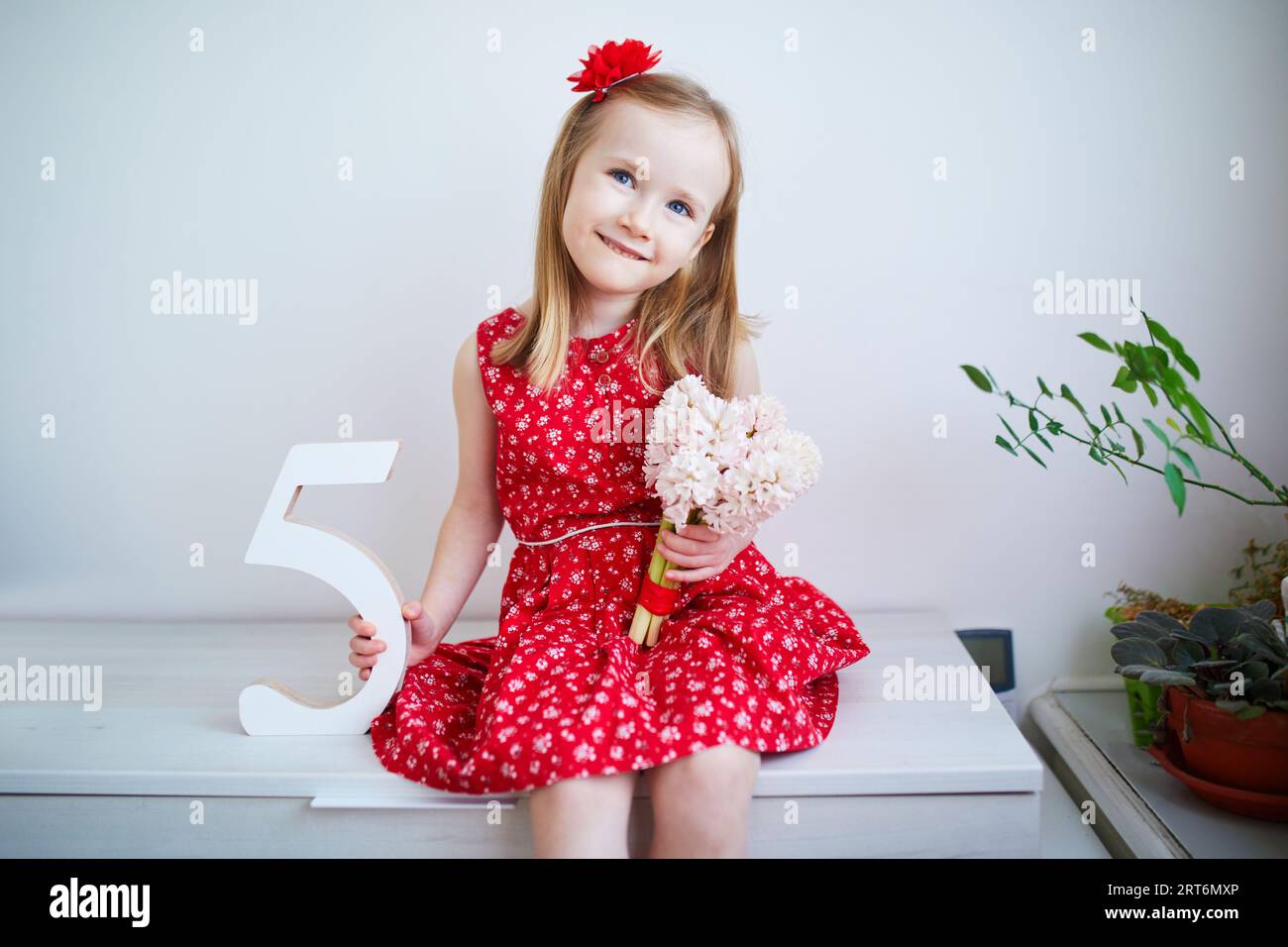 Entzückendes Mädchen für Vorschulkinder in rotem Kleid mit rosa Hyazinthen und weißer hölzerner Nummer fünf. Fünftes Geburtstagskonzept. Kind feiert fünften Geburtstag Stockfoto
