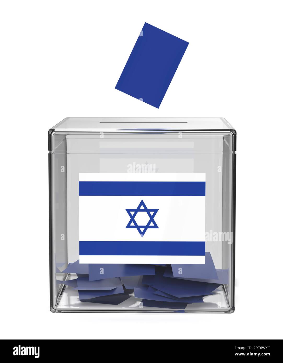 Transparente Wahlurne mit der Flagge Israels, Konzeptbild für die Wahl in Israel Stockfoto