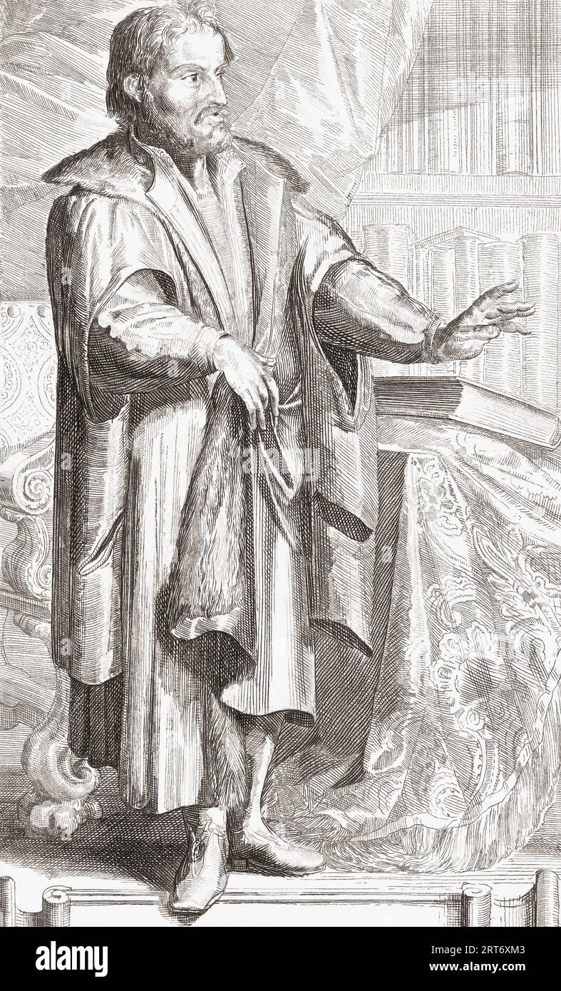 Philip Melanchthon, geboren als Philipp Schwartzerdt, 1497–1560. Deutscher Autor, Theologe, Pädagoge und lutherischer Reformator, der mit Martin Luther zusammenarbeitete. Nach Luthers Tod wurde er Leiter der Reformation in Deutschland. Nach einem Werk von Romeyn de Hooghe. Stockfoto