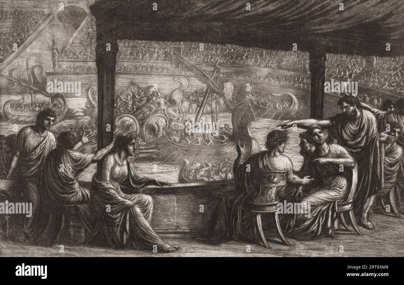 Die Nachstellung einer Seeschlacht - oder Naumachie - durch Gladiatoren im antiken Rom. Nach einem Druck aus dem 19. Jahrhundert. Stockfoto