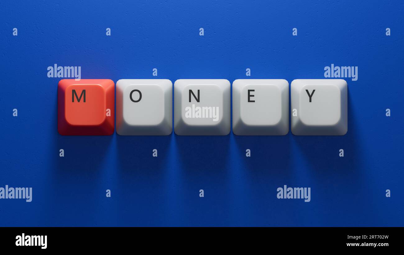 money.Computer Tastaturtasten Rechtschreibung.flache Darstellung von oben auf blauem Hintergrund mit Tasten auf der Computertastatur.IT-Technologiekonzept.3D-Renderi Stockfoto