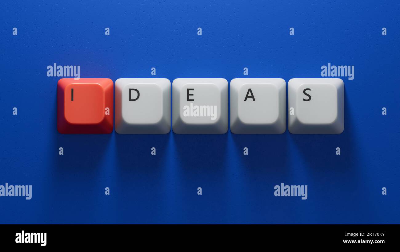 Ideas.Computer Tastaturtasten Rechtschreibung.flache Darstellung von oben auf blauem Hintergrund mit Tasten auf der Computertastatur.IT-Technologiekonzept.3D-Renderi Stockfoto