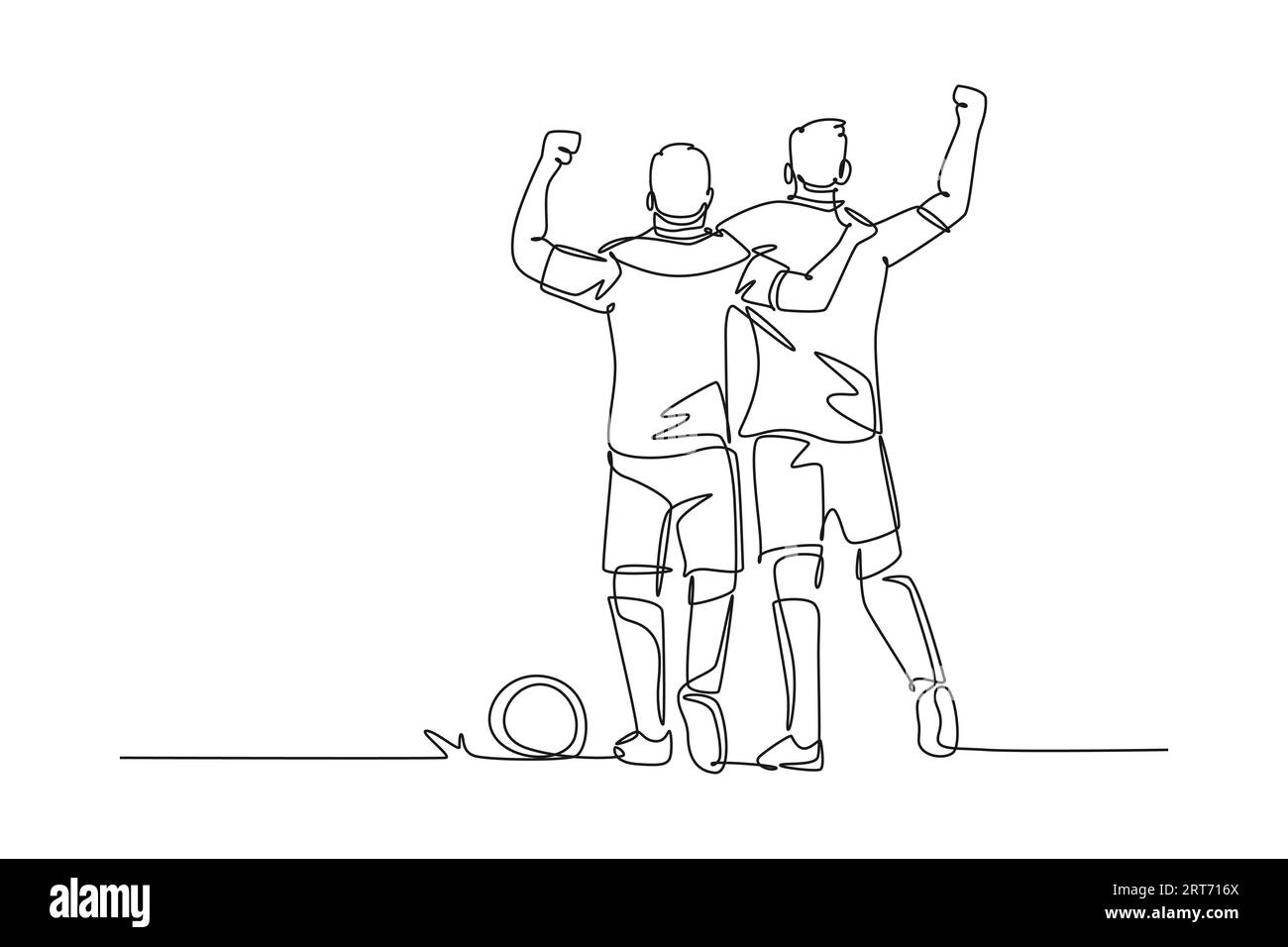 Eine Linie zieht aktiv zwei Fußballspieler umarmen sich, gehen zusammen, um zu feiern, zeigen Sportlichkeit. Respekt im Fußballsport. Moderne Kontinente Stockfoto