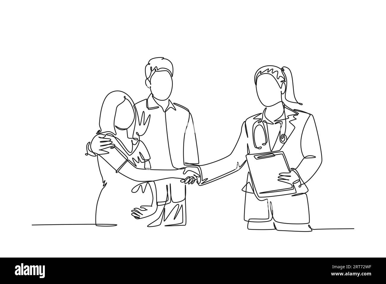 Kontinuierliche Einzeilenzeichnung Geburtshelfer und Frauenarzt Arzt Handschlag und gratulieren einem glücklichen jungen Paar zur Schwangerschaft. Ärztliche Untersuchung. Si Stockfoto
