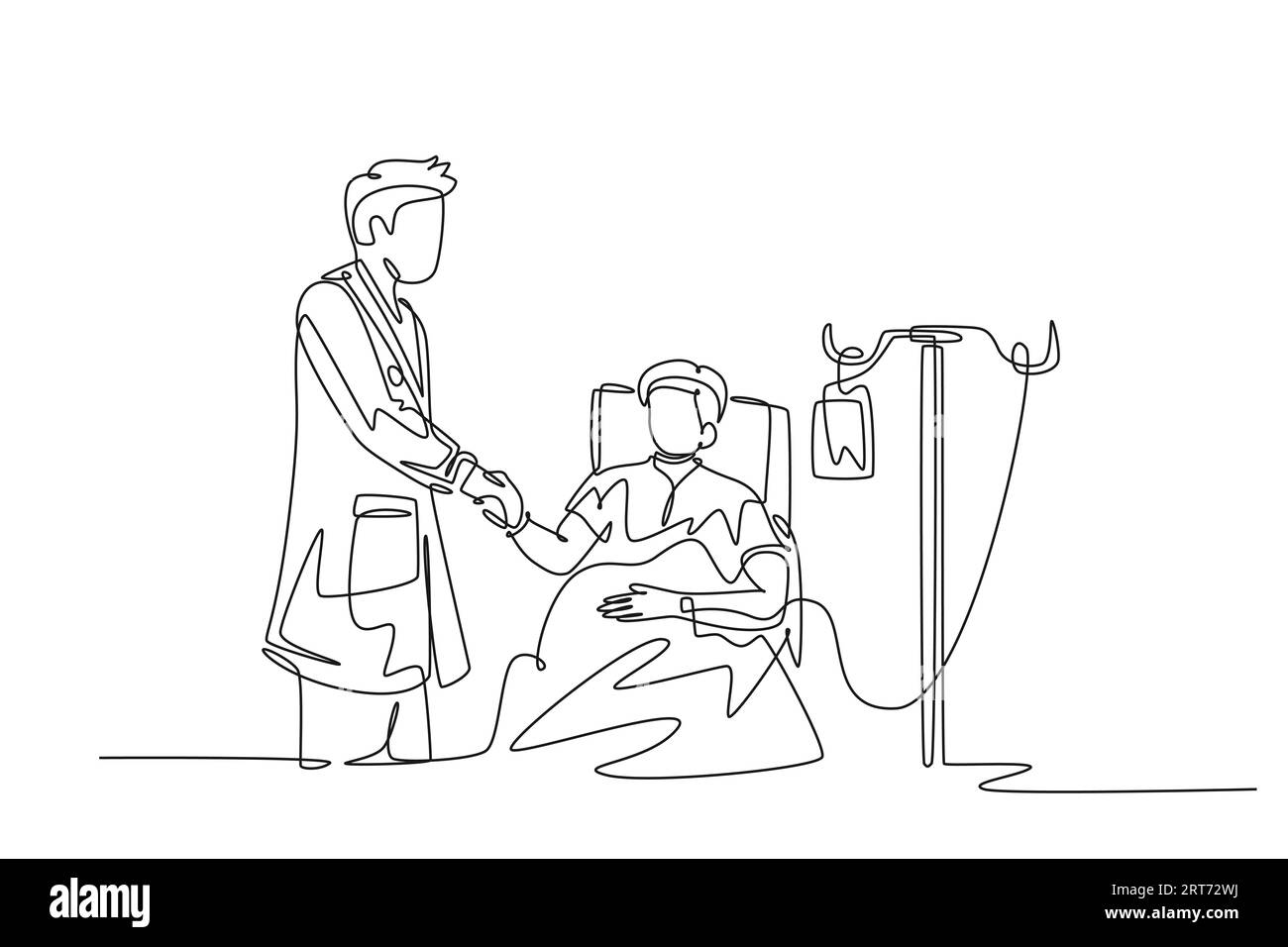 Durchgehende einzeilige Zeichnung des jungen intelligenten Arztes besucht einen Patienten, der im Krankenhaus im Bett liegt und ihn mit der Hand schüttelt, um den Zustand seines Gesunden zu fragen. S Stockfoto