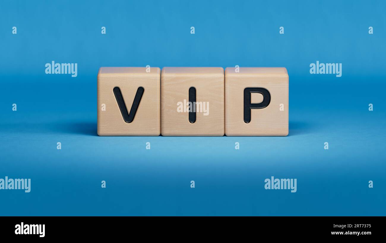 VIP. Würfel bilden das Wort VIP. Das Konzept der Abkürzung VIP - sehr wichtige Person.3D-Rendering auf blauem Hintergrund. Stockfoto