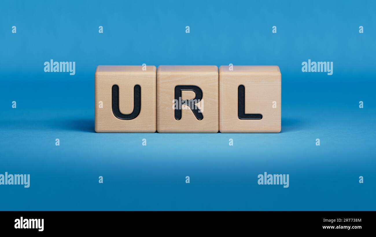 URL-Website - Textkonzept für Würfel .3D-Rendering auf blauem Hintergrund. Stockfoto
