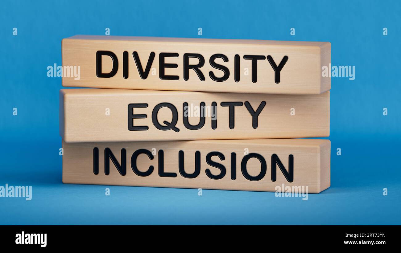 Symbol für Diversität und Equity Inclusion. Konzeptwörter „Diversity Equity Inclusion“ auf Holzblöcken. Diversität, Geschäft, Integration und Equity Concept.3D r Stockfoto