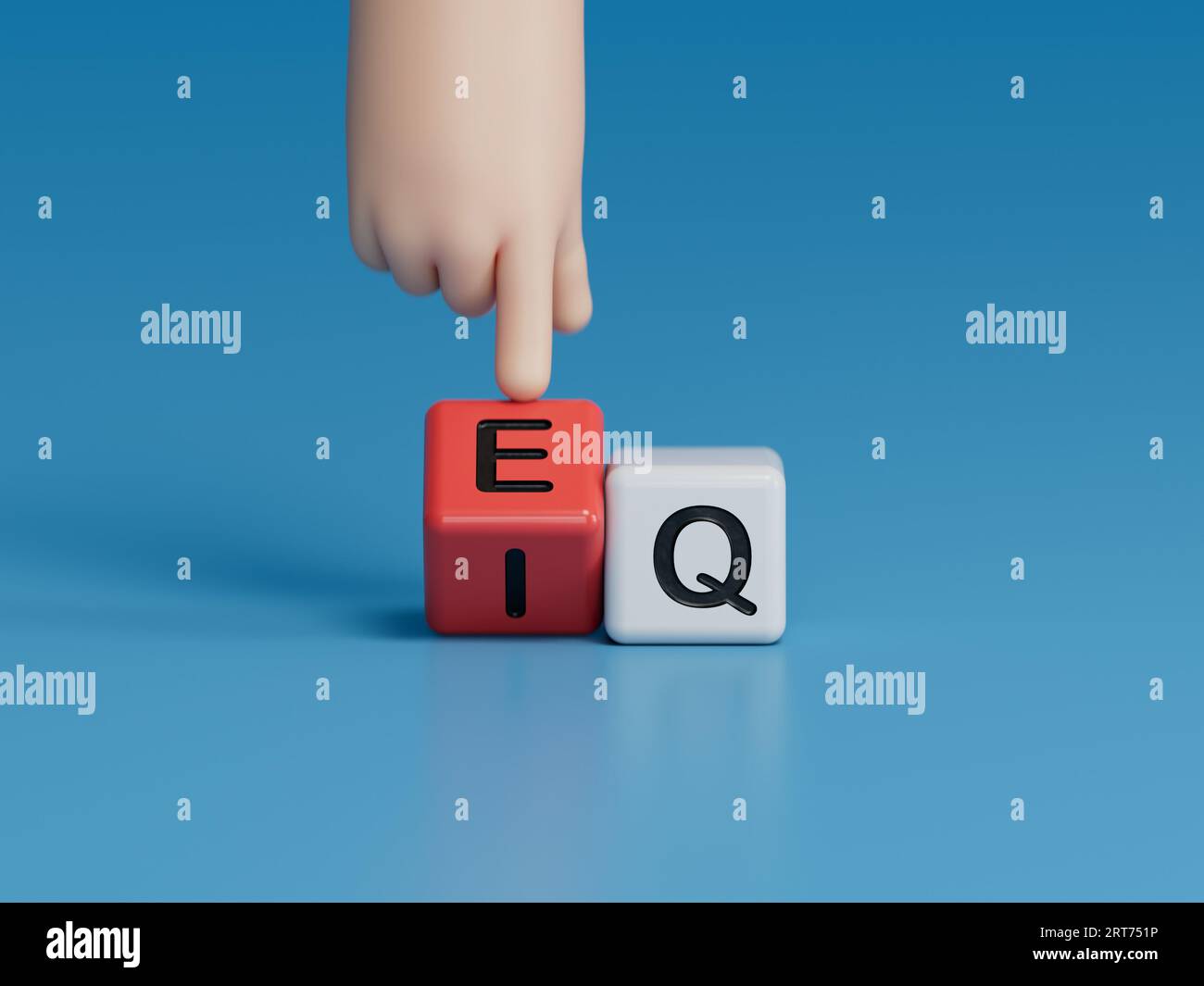 Hand dreht einen Würfel und ändert den Ausdruck „IQ“ (Intelligenzquotient) in „EQ“ (emotionale Intelligenz/Quotient).3D-Rendering auf blauem Hintergrund. Stockfoto