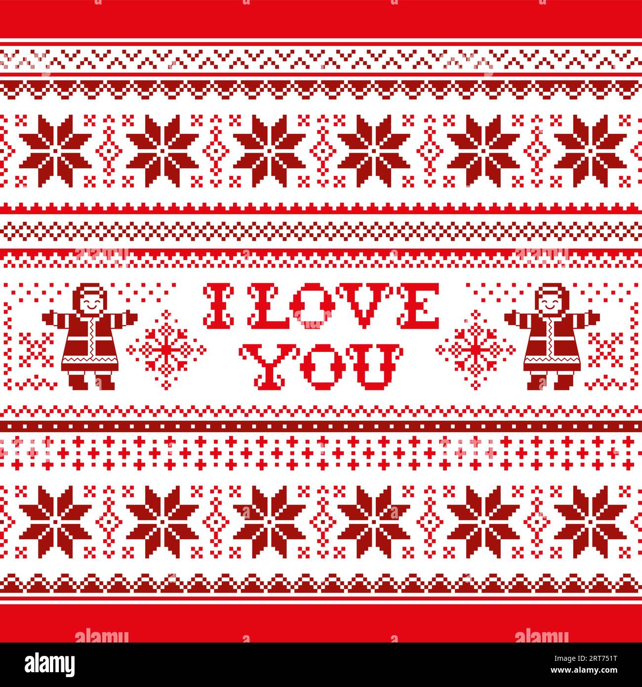 I love you Vector Grußkartenmuster im roten Hintergrund - skandinavisches Strickmuster, Kreuzstichmuster, hässlicher Weihnachtspullover Stock Vektor