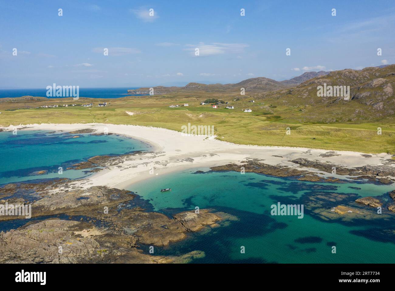 Die weißen Sandstrände und das türkisfarbene Wasser von Sanna Bay, Ardnamurchan Peninsula, Schottland, Großbritannien Stockfoto