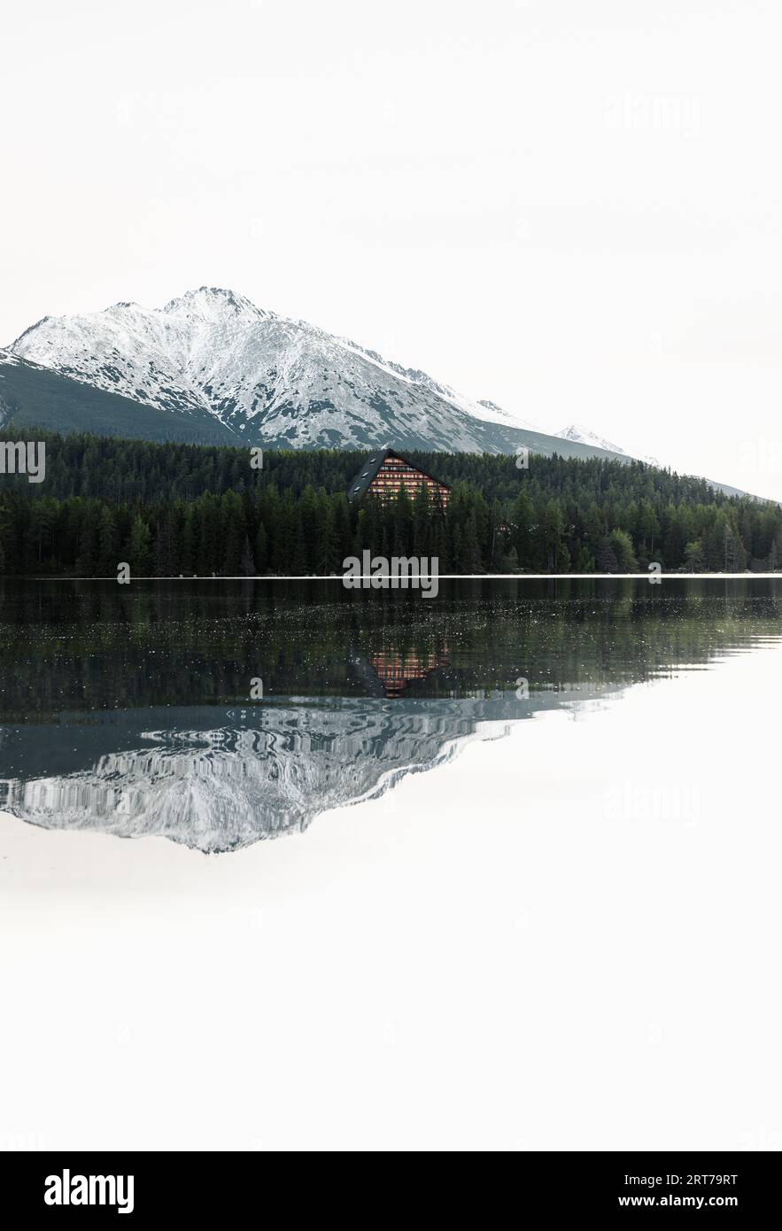 Vertikales Foto eines wunderschönen Sees in Herbstlandschaft mit erstaunlich verschneiten Bergen im Hintergrund. Strbske pleso in der Hohen Tatra im Herbst mit Wasserspiegelung Stockfoto