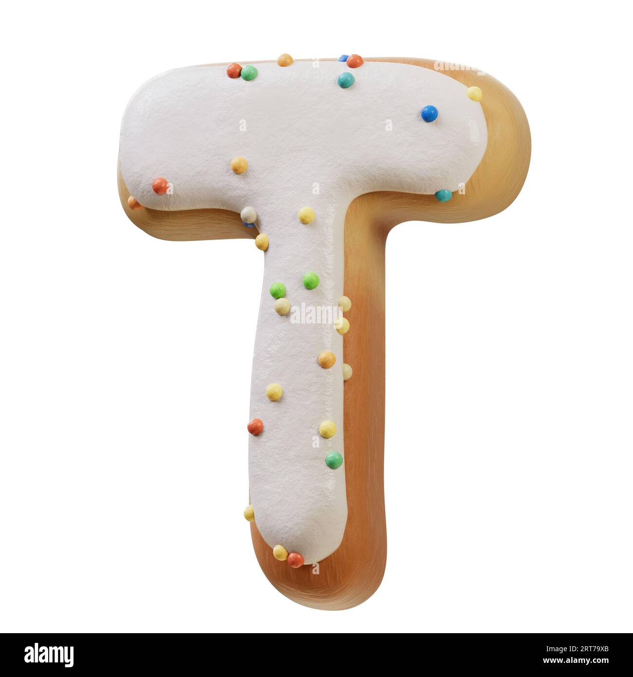 3D-Darstellung des Konzepts der weißen Donut-Schriftart. Bäckerei süßes Alphabet. Köstlicher Buchstabe. 3D-Rendering isoliert auf weißem Hintergrund. Stockfoto
