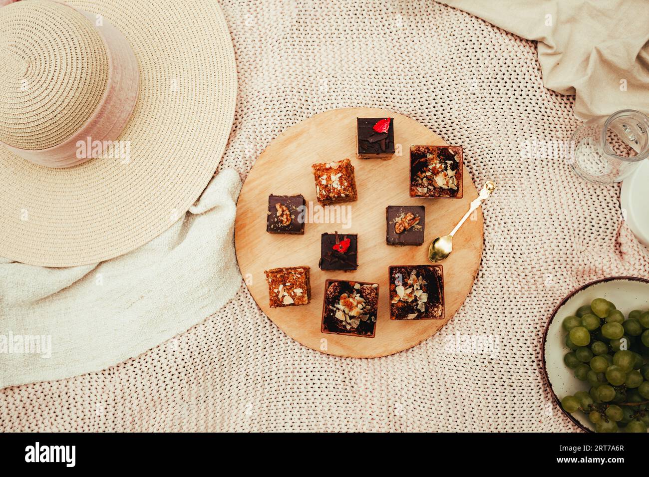 Picknick in der Natur mit vielen leckeren Kuchen (Punsch, Tartalet, Käsekuchen) auf der Decke - an sonnigen Tagen. Leckere Kuchen - Picknick-Zeit im Park. Stockfoto