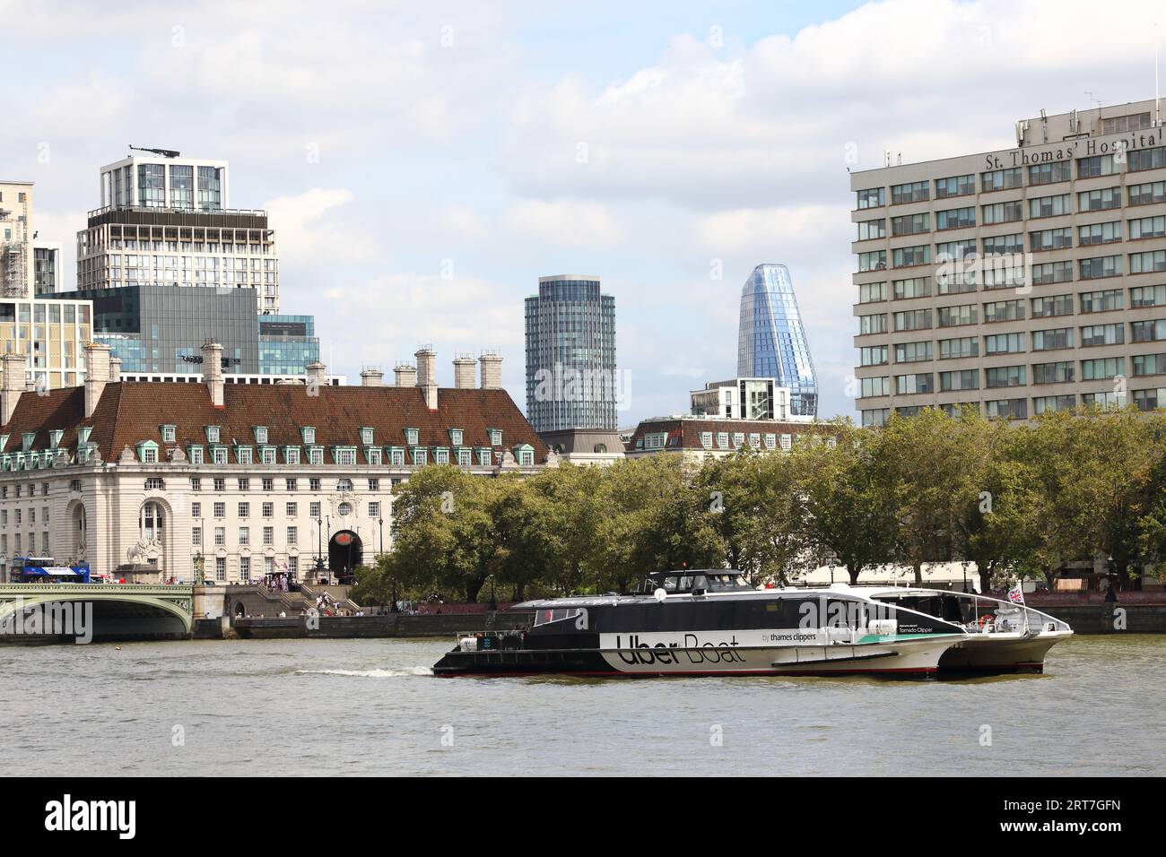 London Marriott Hotel County Hall und St. Thomas Hospital aus Victoria Tower Gardens South, London, Großbritannien Stockfoto