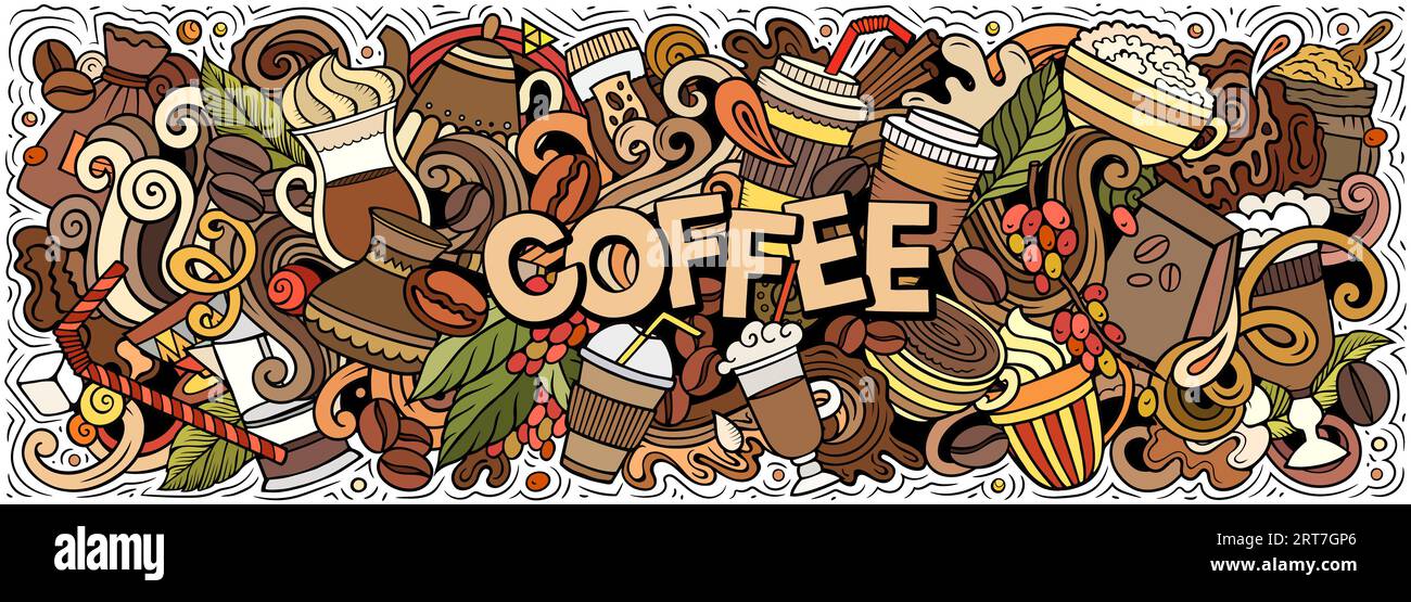 Comic Vector Coffee Doodle Illustration zeigt eine Vielzahl von Coffeehouse-Objekten und -Symbolen. Leuchtende Farben skurriles lustiges Bild. Stock Vektor