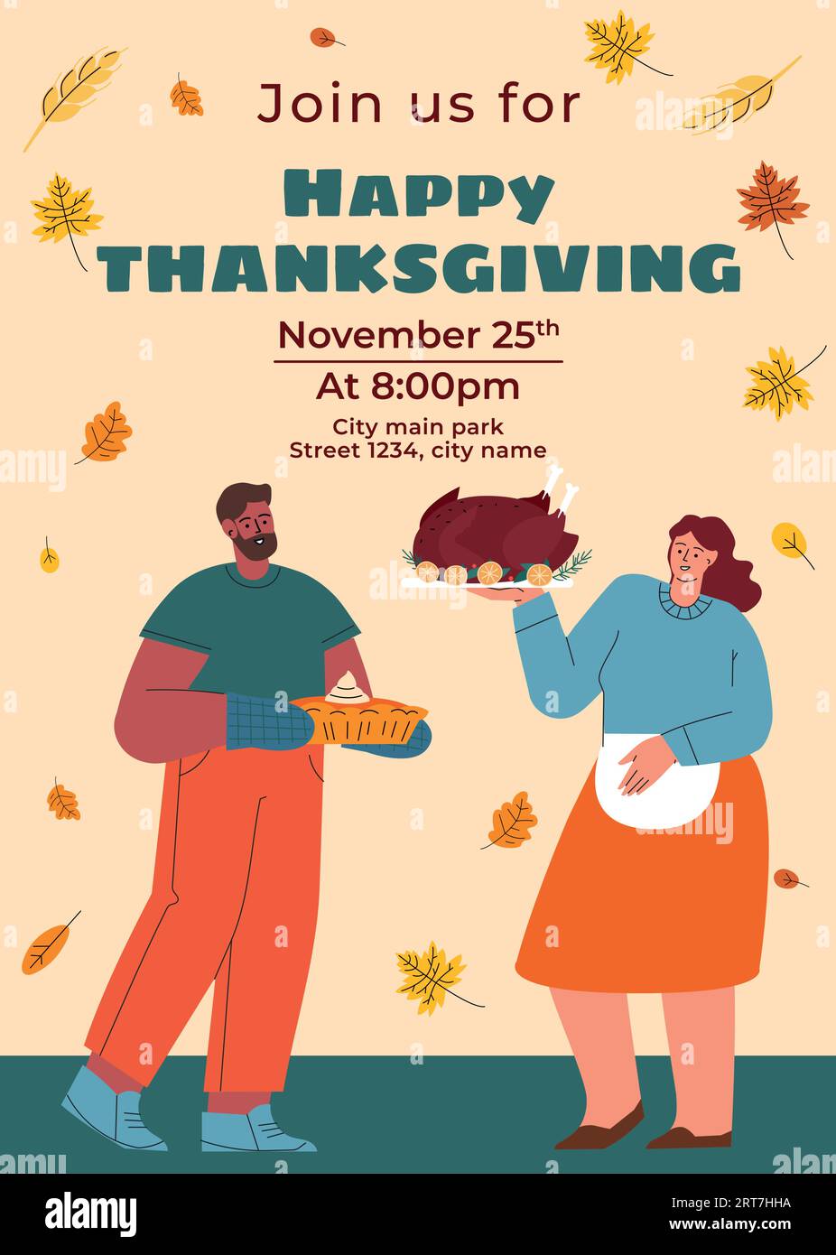 Thanksgiving-Poster. Happy Thanksgiving Day Food. Herbstsaison. Flache Vektorillustration Stock Vektor