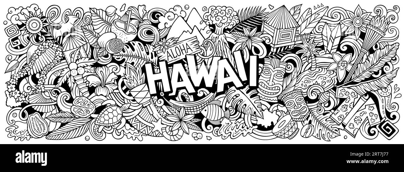 Vektor-Illustration mit Aloha Hawaii Theme Doodles. Skizzenhaftes und auffälliges Bannerdesign, das das Wesen der hawaiianischen Kultur und Traditionen einfängt Stock Vektor