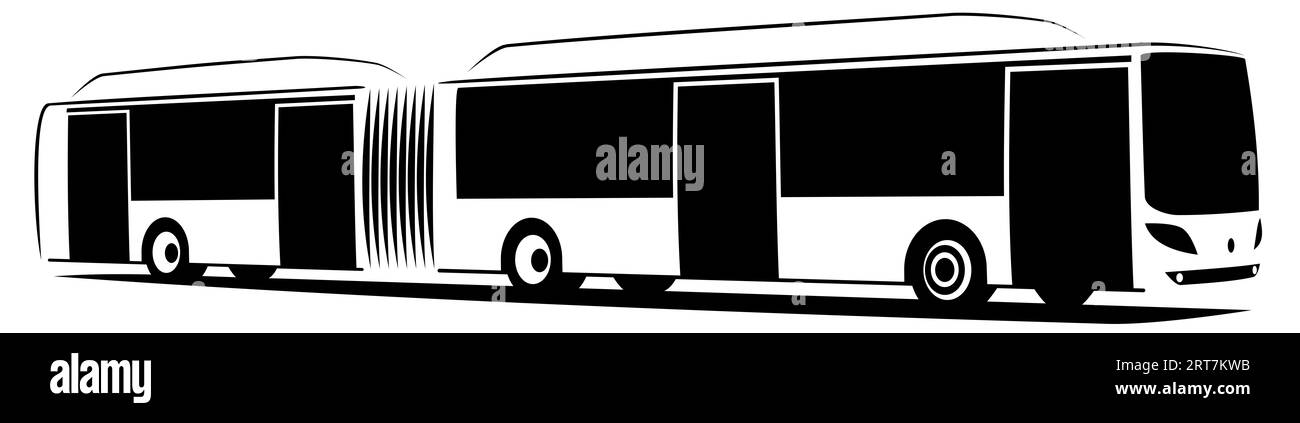 Vektorillustration eines knickgelenkten Stadtbusses mit vier Türen. Es wird eine Art alternativer Brennstoff wie Erdgas, Elektrizität oder Wasserstoff verwendet Stockfoto