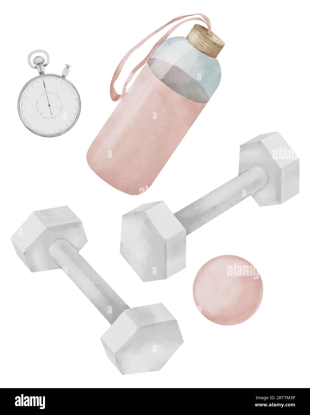Wasserflasche mit Hanteln und Stoppuhr Clipart. Weibliche Fitness-Trainingsgeräte auf weißem isoliertem Hintergrund. Handgezeichnetes pinkfarbenes Sportzubehör. Zeichnung des Trainingssets für das Fitnessstudio. Stockfoto
