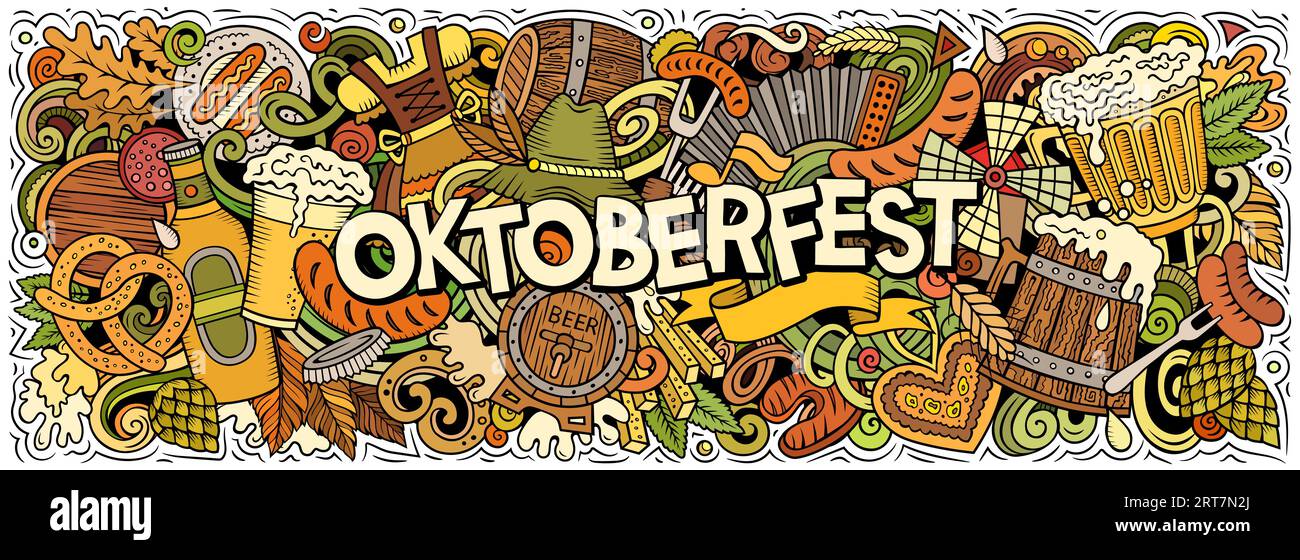 Comic Vector Beer Festival Doodle Illustration zeigt eine Vielzahl von Oktoberfestobjekten und Symbolen. Leuchtende Farben skurriles lustiges Bild. Stock Vektor