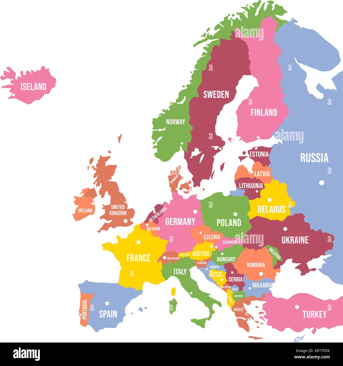 Farbenfrohe Europakarte. Länder und Grenzen, politische Karte des europäischen Kontinents mit Hauptstädten Vektor Illustration Stock Vektor