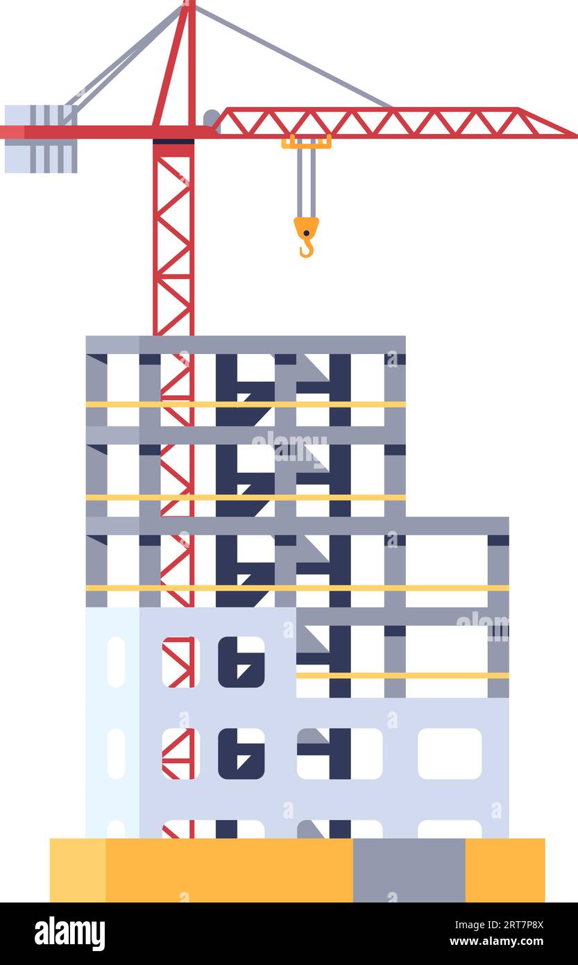 Bauprozess. Mehrstöckiges Wohnhaus. Industriekran. Stadtarchitektur. Unvollendeter Wolkenkratzer. Wohnungsbau. Echt Stock Vektor