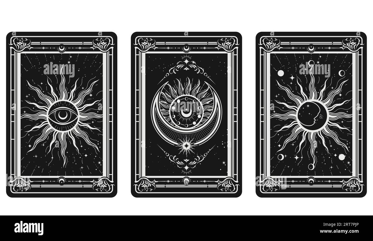 Tarotkarten auf der Rückseite mit esoterischen und mystischen Symbolen, allsehendem Auge, Sonne und Mond, Zauberzeichen, Vektor Stock Vektor
