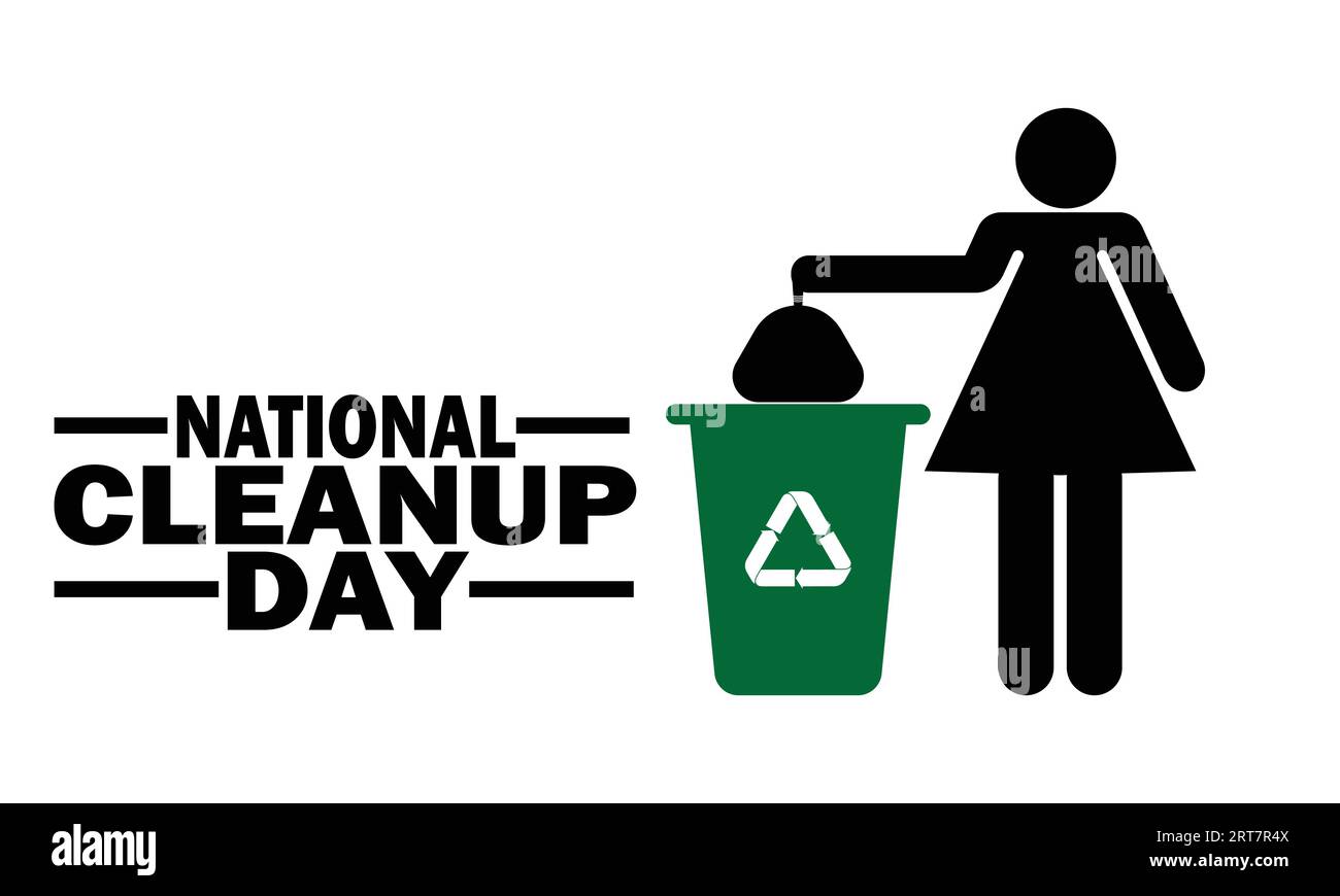 National Cleanup Day. Vektorillustration einer Frau, die Müll in einen Mülleimer wirft. Geeignet für Grußkarten, Poster und Banner Stock Vektor