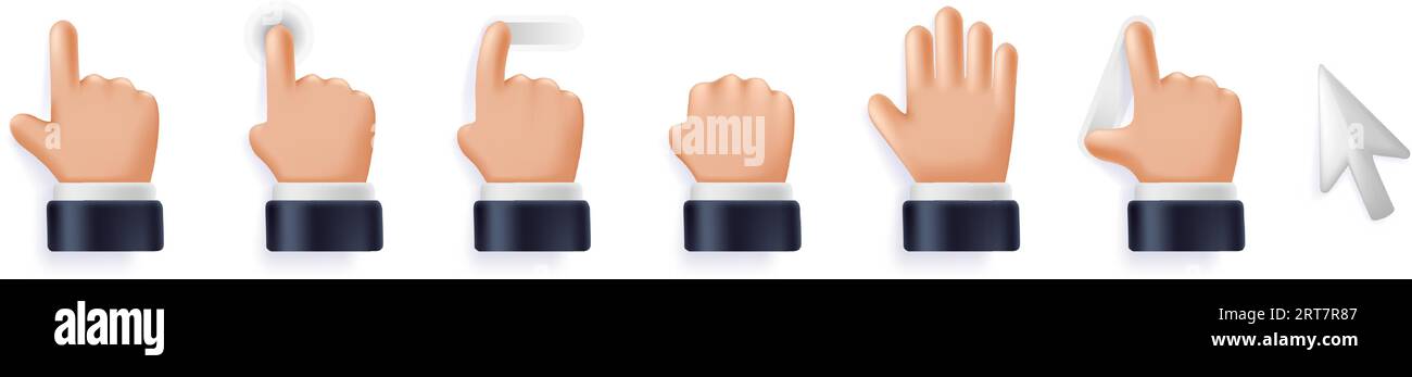 Cursor-3D-Symbole. Touchscreen-Oberfläche Klicken Sie auf tippen, zeigen Sie mit dem Finger, wischen Sie, ziehen Sie die Finger, um die Vektorillustration mit Handgesten zu vergrößern und zu greifen Stock Vektor