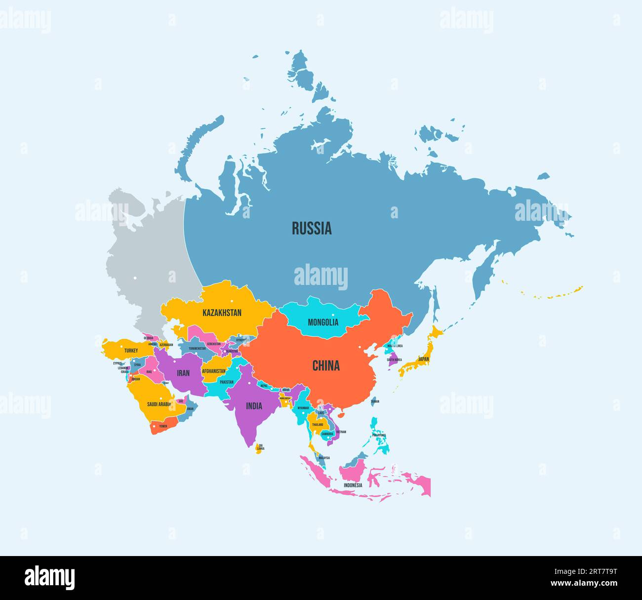 Politische Landkarte des asiatischen Kontinents. Tapisserien Asiens mit Ländergrenzen und Namen isolierter Vektor-Infografik Stock Vektor