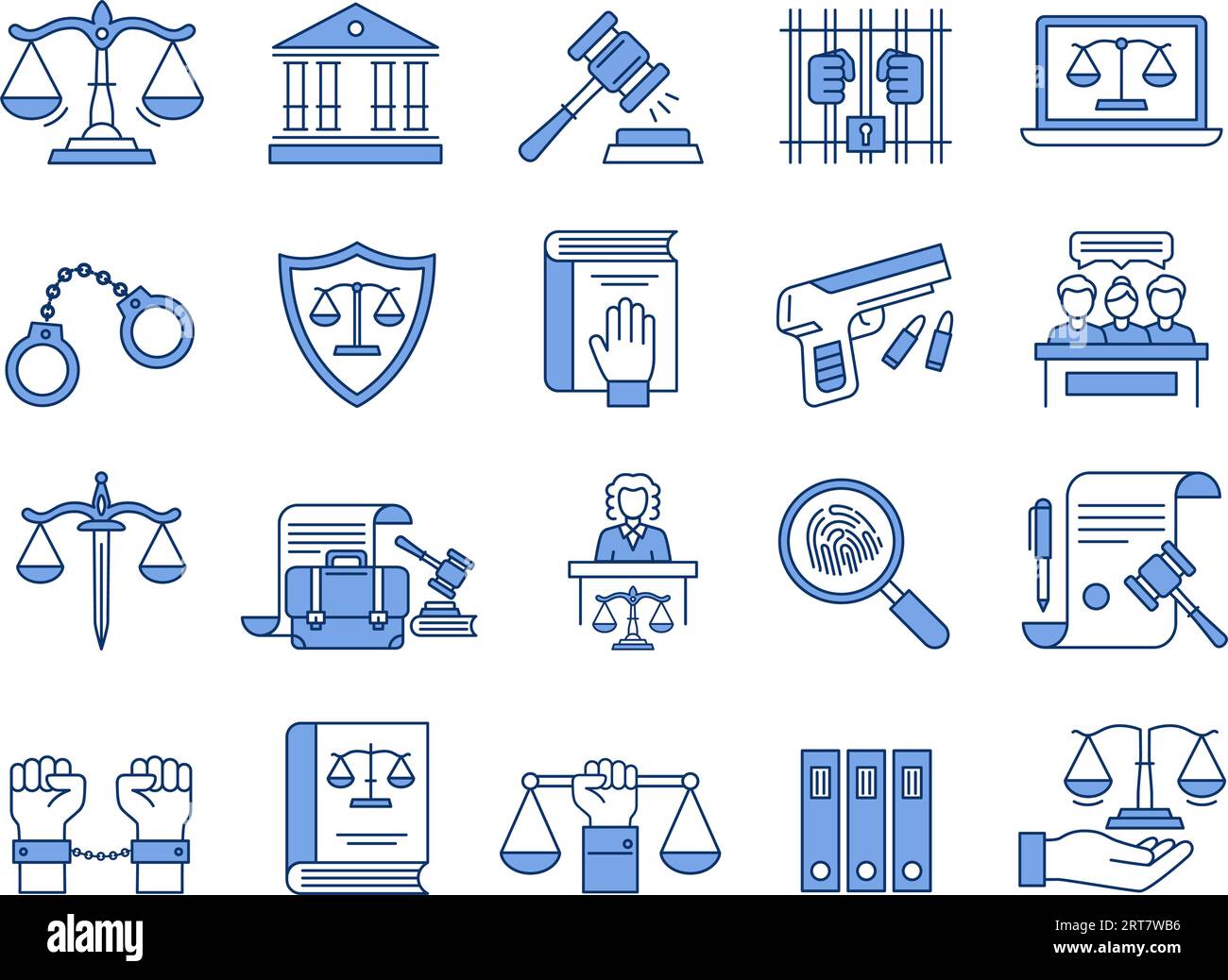 Regelsymbole. Symbole für Justiz, Gericht und Anwälte. Richter-Hammer, rechtliche Dokumente und Gefängnis lineare Vektor-Illustration-Set Stock Vektor
