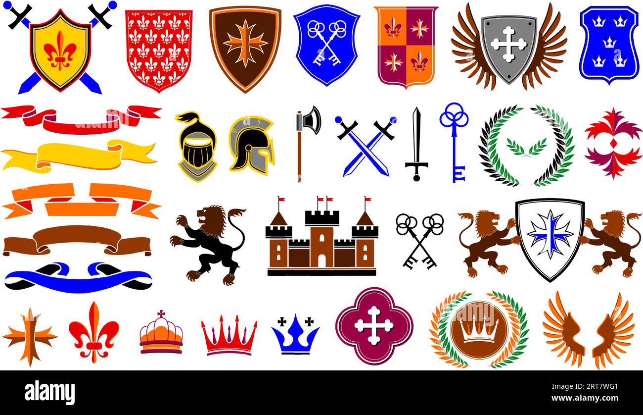 Antike Wappenvorlagen. Traditionelle mittelalterliche Waffen und Schilde, königliche Krone, Löwe und Band Vektor Set Stock Vektor