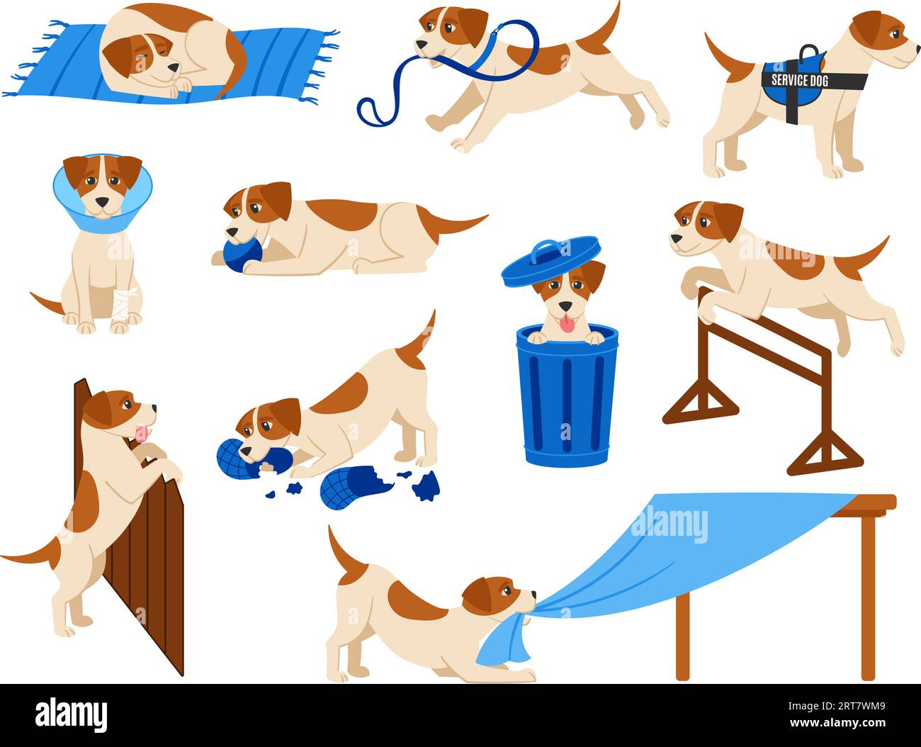 Lustige Zeichentrickhundeszenen. Der süße Beagle-Welpe spielt mit dem Ball, dem Diensthund und dem verletzten Haustier. Hündchen Fehlverhalten, Sprünge und Schlafvektorillustrationsset Stock Vektor