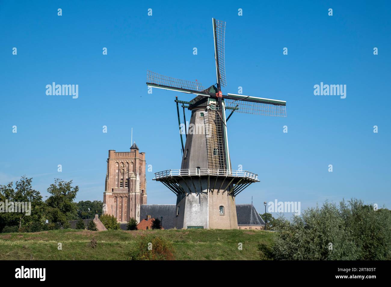 Farbenfroher Panoramablick auf die niederländische Festungsstadt Woudrichem in der Provinz Noord-Brabant an einem sonnigen Tag in der Herbstsaison. Stockfoto